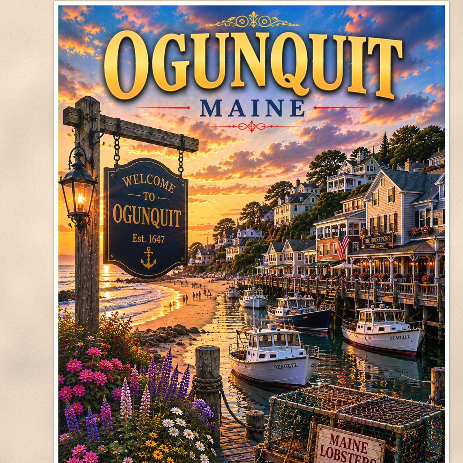 New England coastal town — 24x36 in art print poster, premium luster paper with a white border; close-up framed on the main subject of the artwork, paper surface visible.