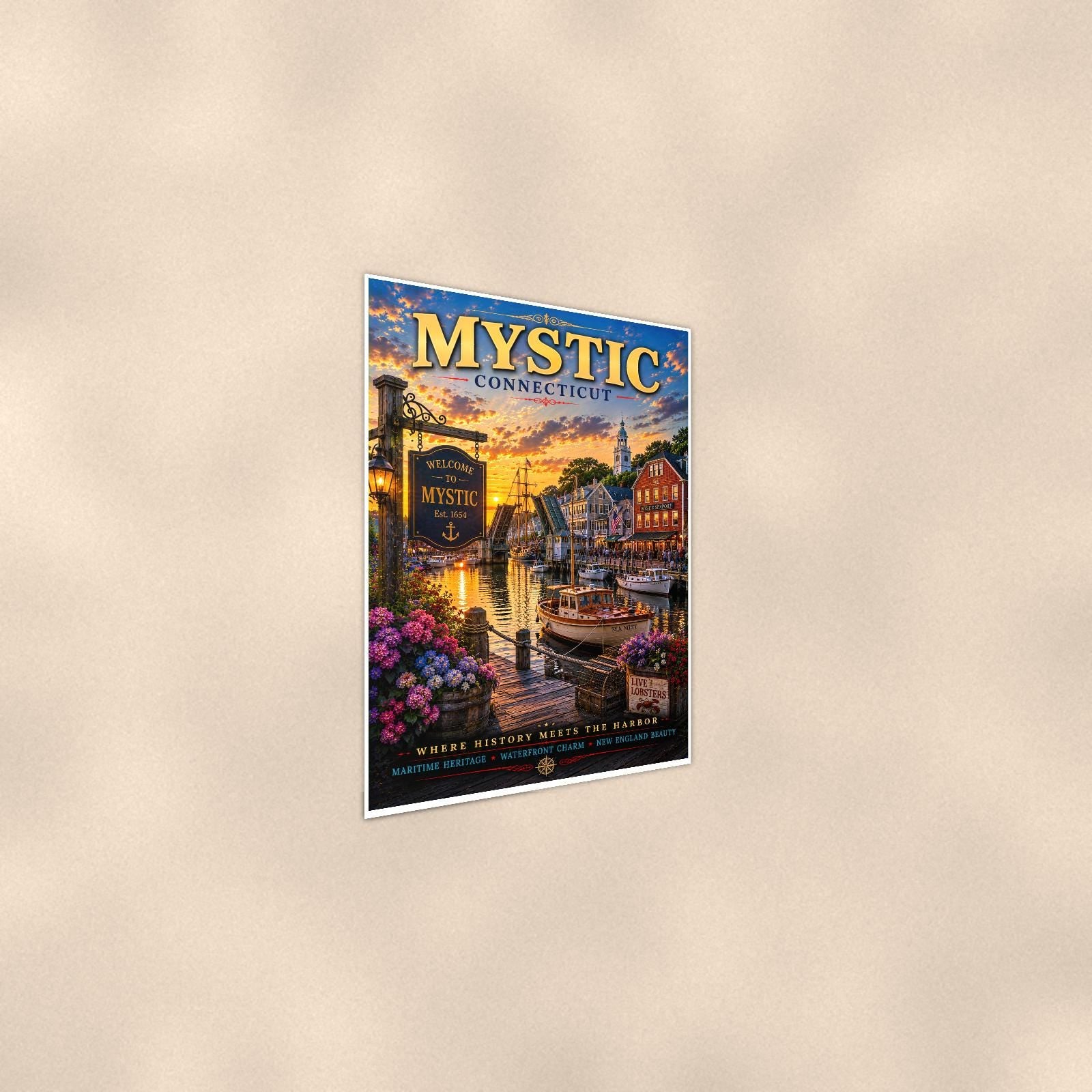 New England coastal town — 24x36 in art print poster, premium luster paper with a white border; steeper three-quarter angle on a warm wall, catching the luster sheen.