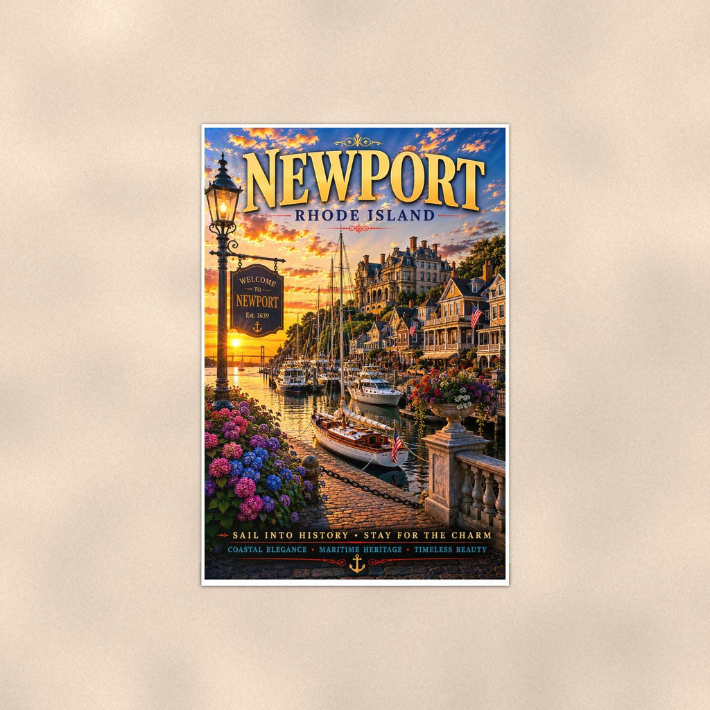 New England coastal town — 24x36 in art print poster, premium luster paper with a white border; poster shown straight on against a warm wall.