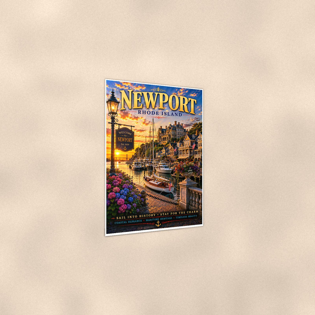 New England coastal town — 24x36 in art print poster, premium luster paper with a white border; gentle three-quarter angle on a warm wall, showing the flat paper edge.
