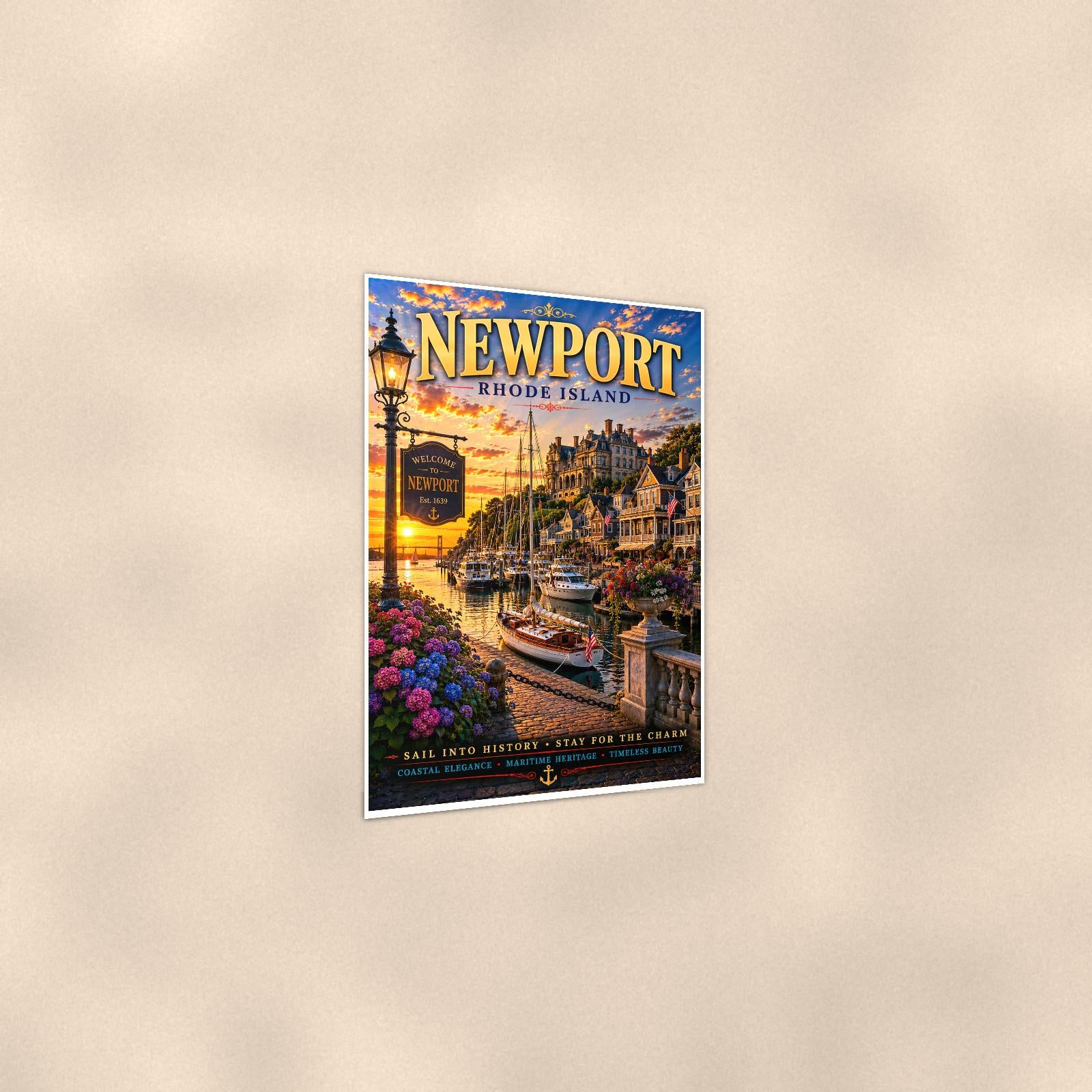 New England coastal town — 24x36 in art print poster, premium luster paper with a white border; gentle three-quarter angle on a warm wall, showing the flat paper edge.