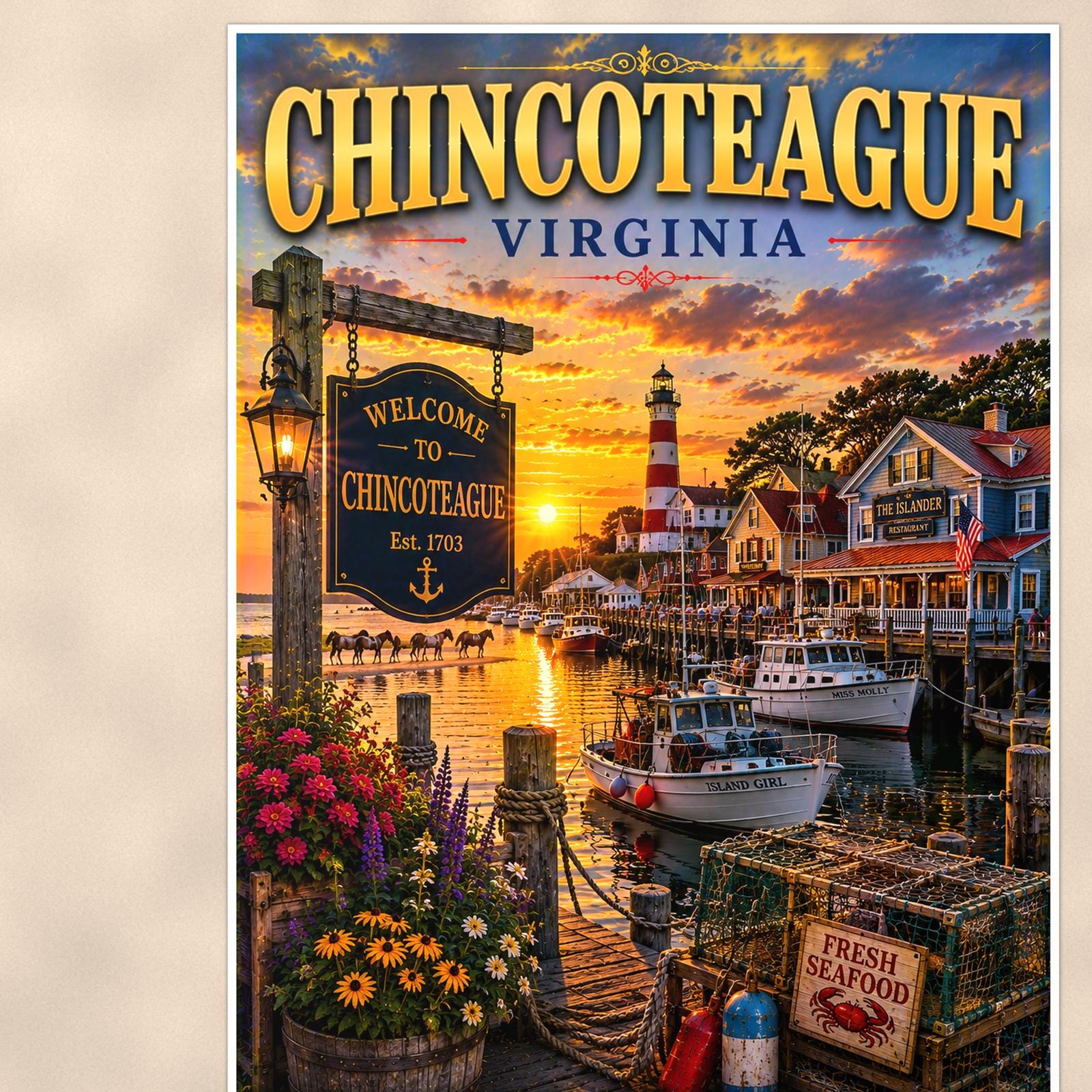 New England coastal town — 24x36 in art print poster, premium luster paper with a white border; close-up framed on the main subject of the artwork, paper surface visible.