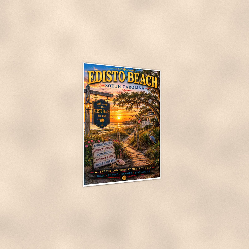 New England coastal town — 24x36 in art print poster, premium luster paper with a white border; gentle three-quarter angle on a warm wall, showing the flat paper edge.