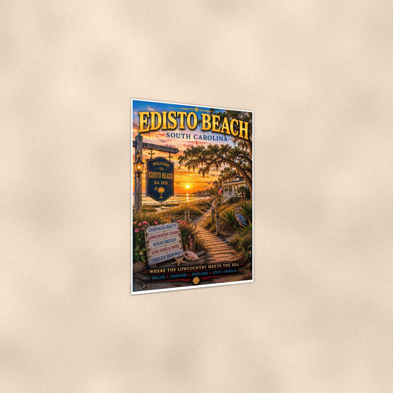 New England coastal town — 24x36 in art print poster, premium luster paper with a white border; gentle three-quarter angle on a warm wall, showing the flat paper edge.