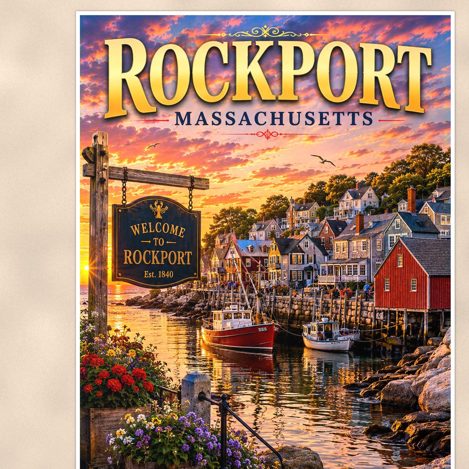 New England coastal town — 24x36 in art print poster, premium luster paper with a white border; close-up framed on the main subject of the artwork, paper surface visible.