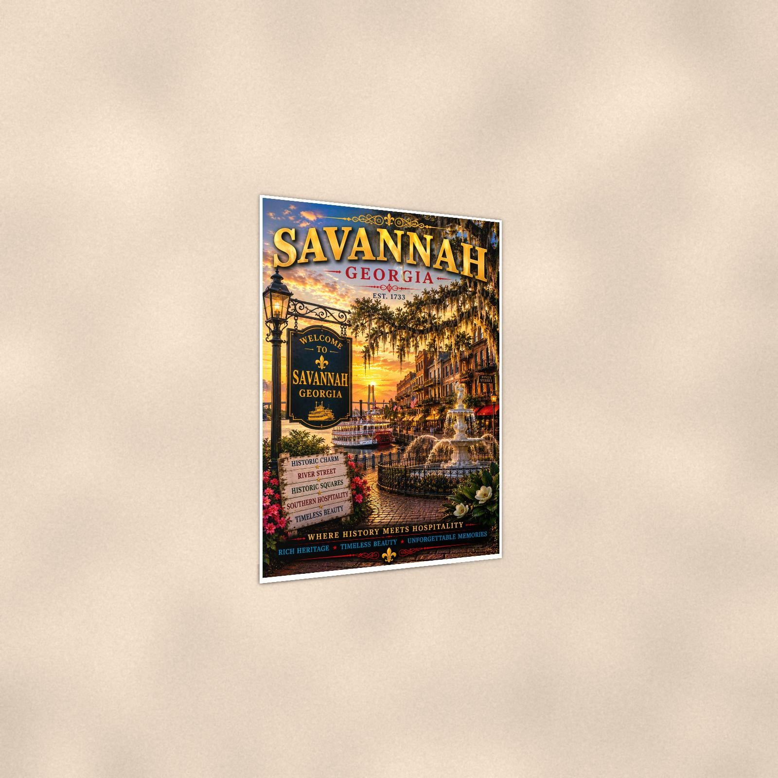 New England coastal town — 24x36 in art print poster, premium luster paper with a white border; gentle three-quarter angle on a warm wall, showing the flat paper edge.