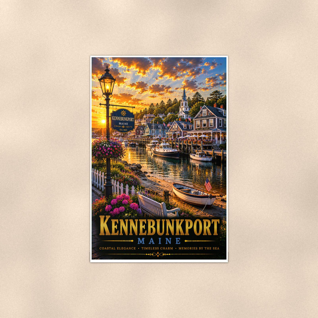 New England coastal town — 24x36 in art print poster, premium luster paper with a white border; poster shown straight on against a warm wall.