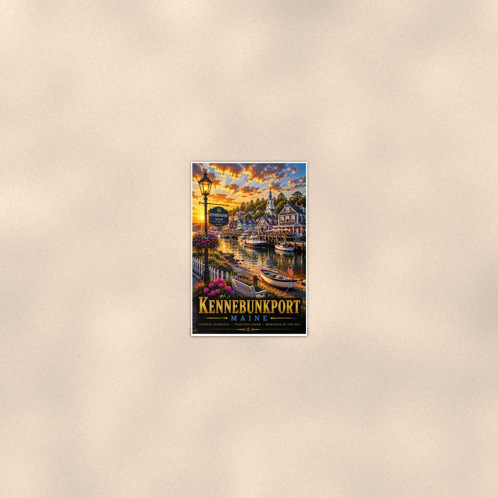 New England coastal town — 24x36 in art print poster, premium luster paper with a white border; poster seen from further back, at true 24x36 in scale on a warm wall.