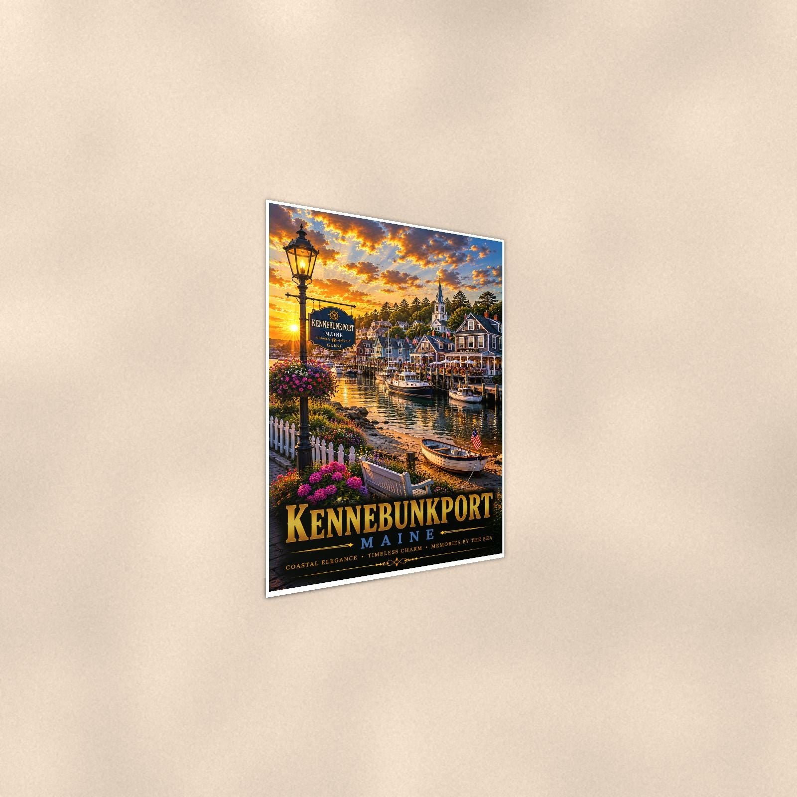 New England coastal town — 24x36 in art print poster, premium luster paper with a white border; steeper three-quarter angle on a warm wall, catching the luster sheen.