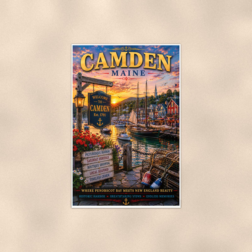 New England coastal town — 24x36 in art print poster, premium luster paper with a white border; poster shown straight on against a warm wall.