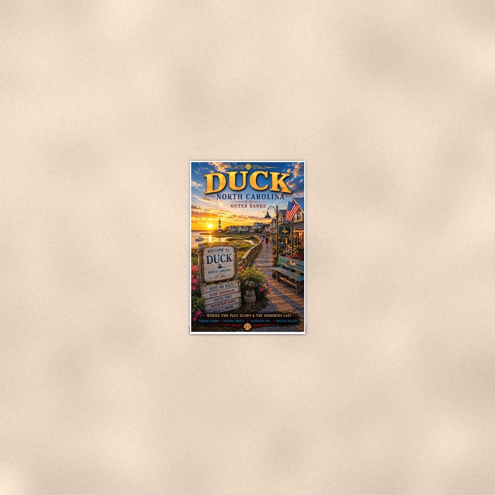 New England coastal town — 24x36 in art print poster, premium luster paper with a white border; poster seen from further back, at true 24x36 in scale on a warm wall.