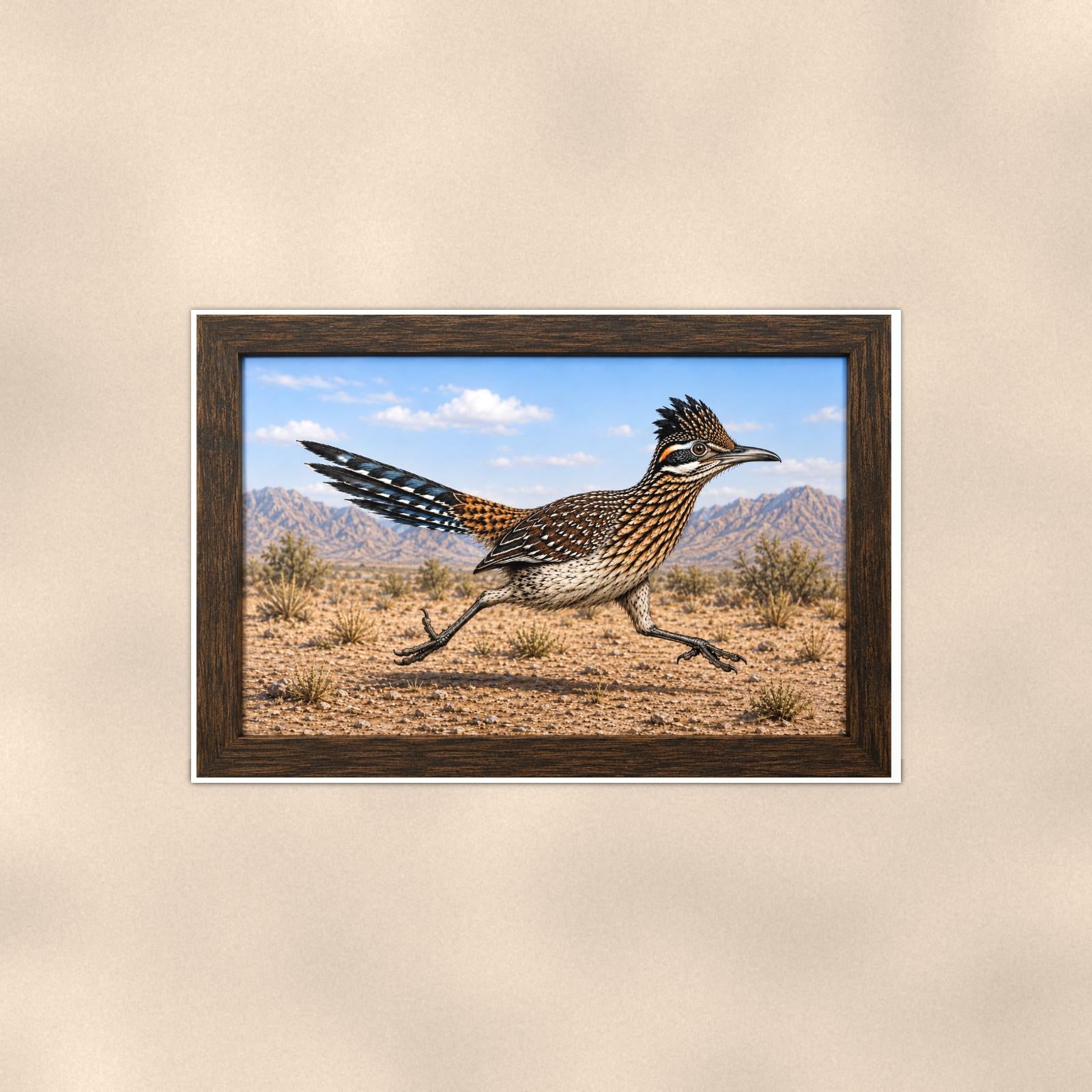 Vintage Running Coyote — 36x24 in art print poster, premium luster paper with a white border; poster shown straight on against a warm wall.