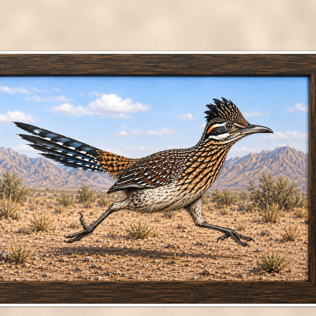 Vintage Running Coyote — 36x24 in art print poster, premium luster paper with a white border; close-up framed on the main subject of the artwork, paper surface visible.