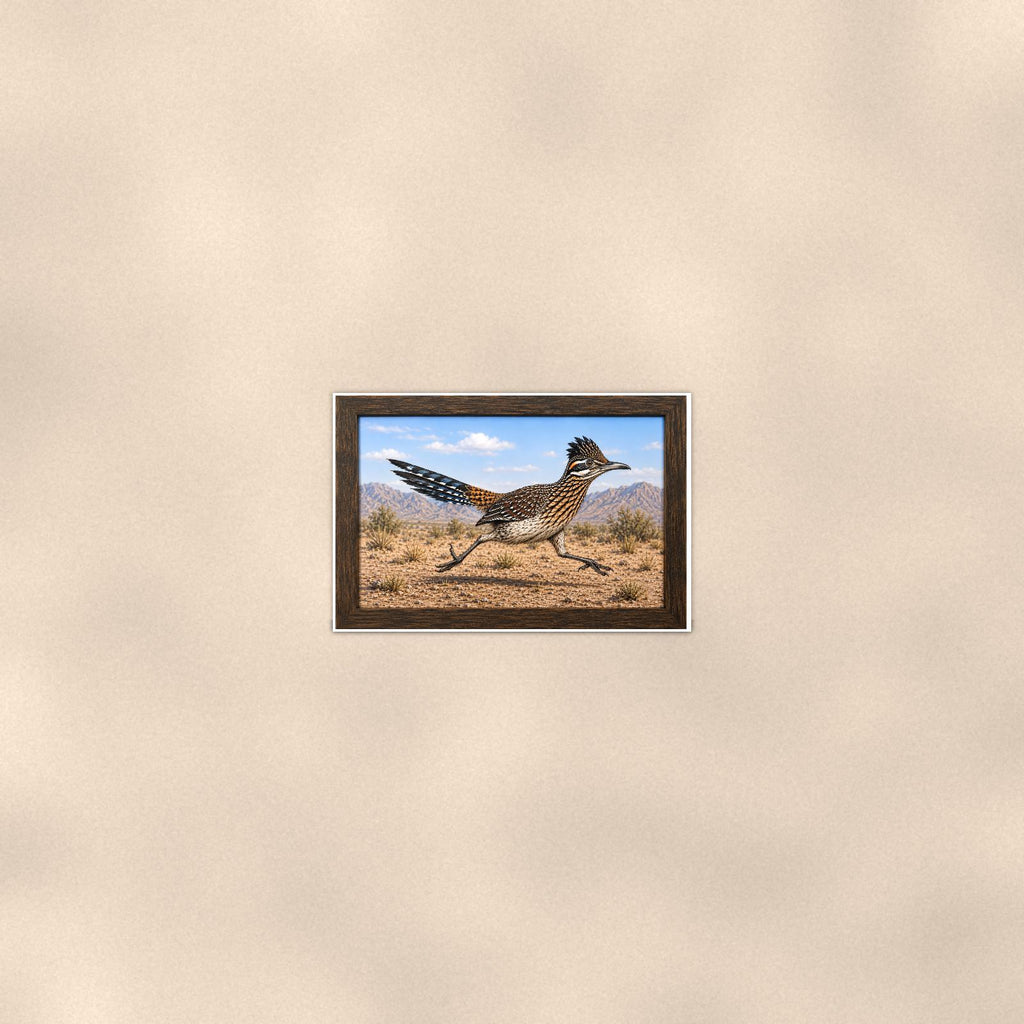 Vintage Running Coyote — 36x24 in art print poster, premium luster paper with a white border; poster seen from further back, at true 24x36 in scale on a warm wall.