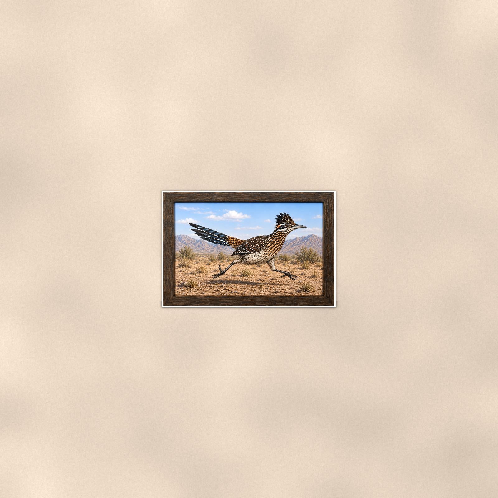 Vintage Running Coyote — 36x24 in art print poster, premium luster paper with a white border; poster seen from further back, at true 24x36 in scale on a warm wall.