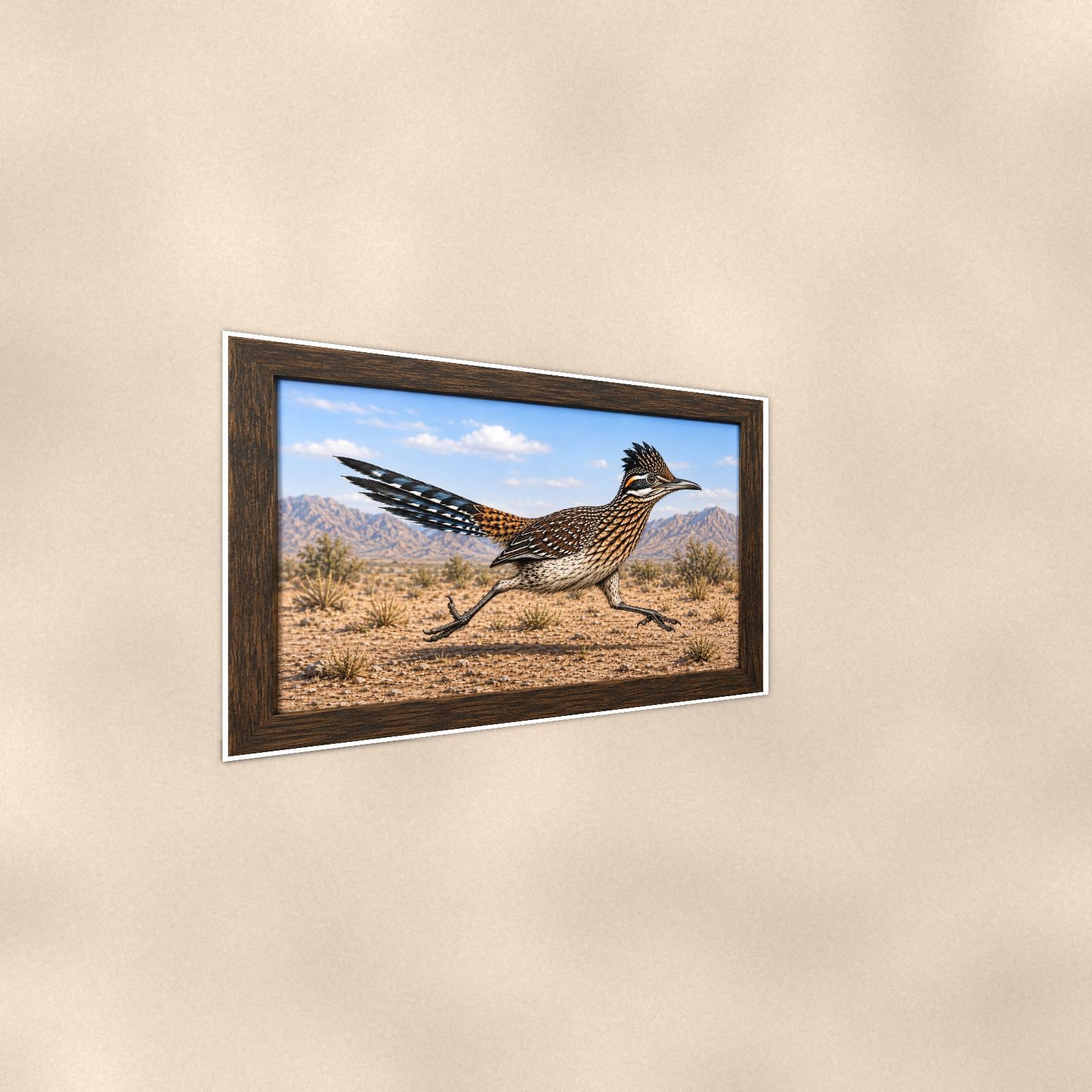 Vintage Running Coyote — 36x24 in art print poster, premium luster paper with a white border; steeper three-quarter angle on a warm wall, catching the luster sheen.