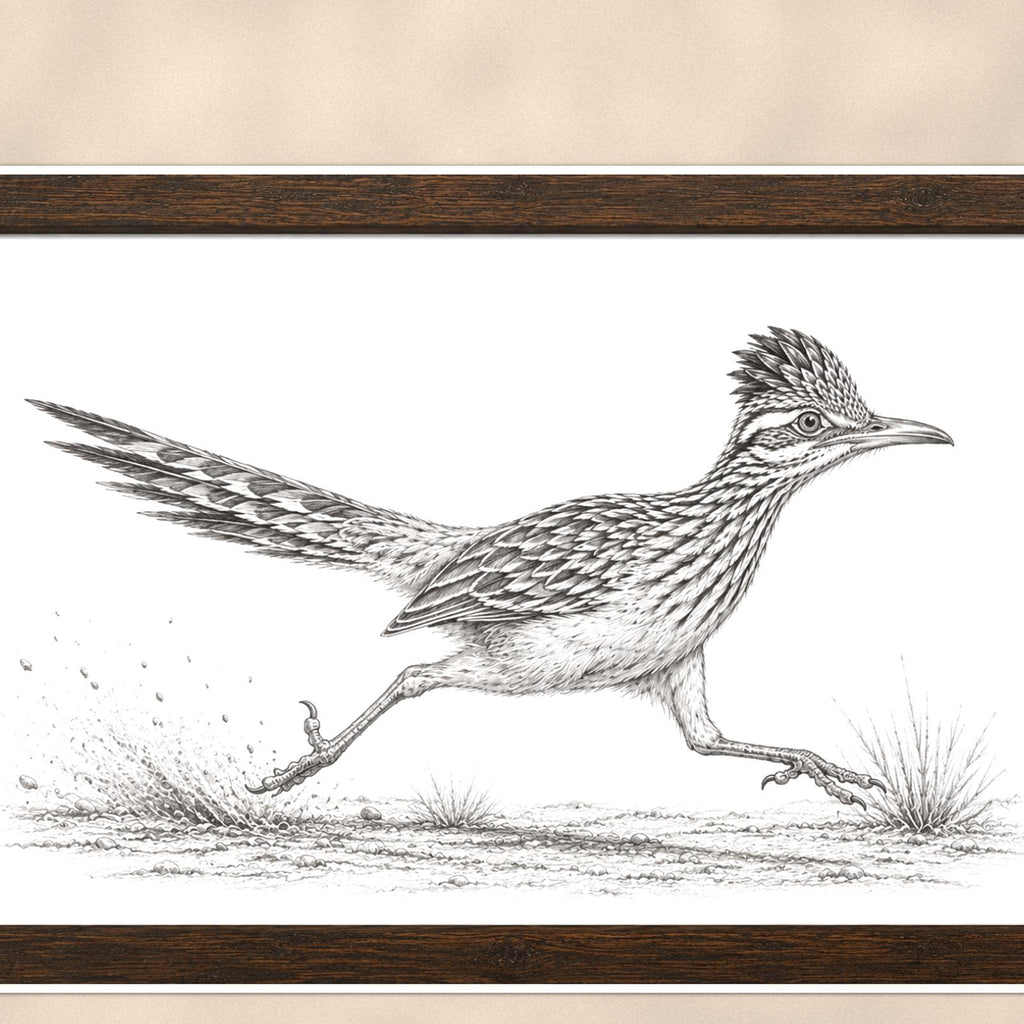 Vintage Running Roadrunner — 36x24 in art print poster, premium luster paper with a white border; close-up framed on the main subject of the artwork, paper surface visible.