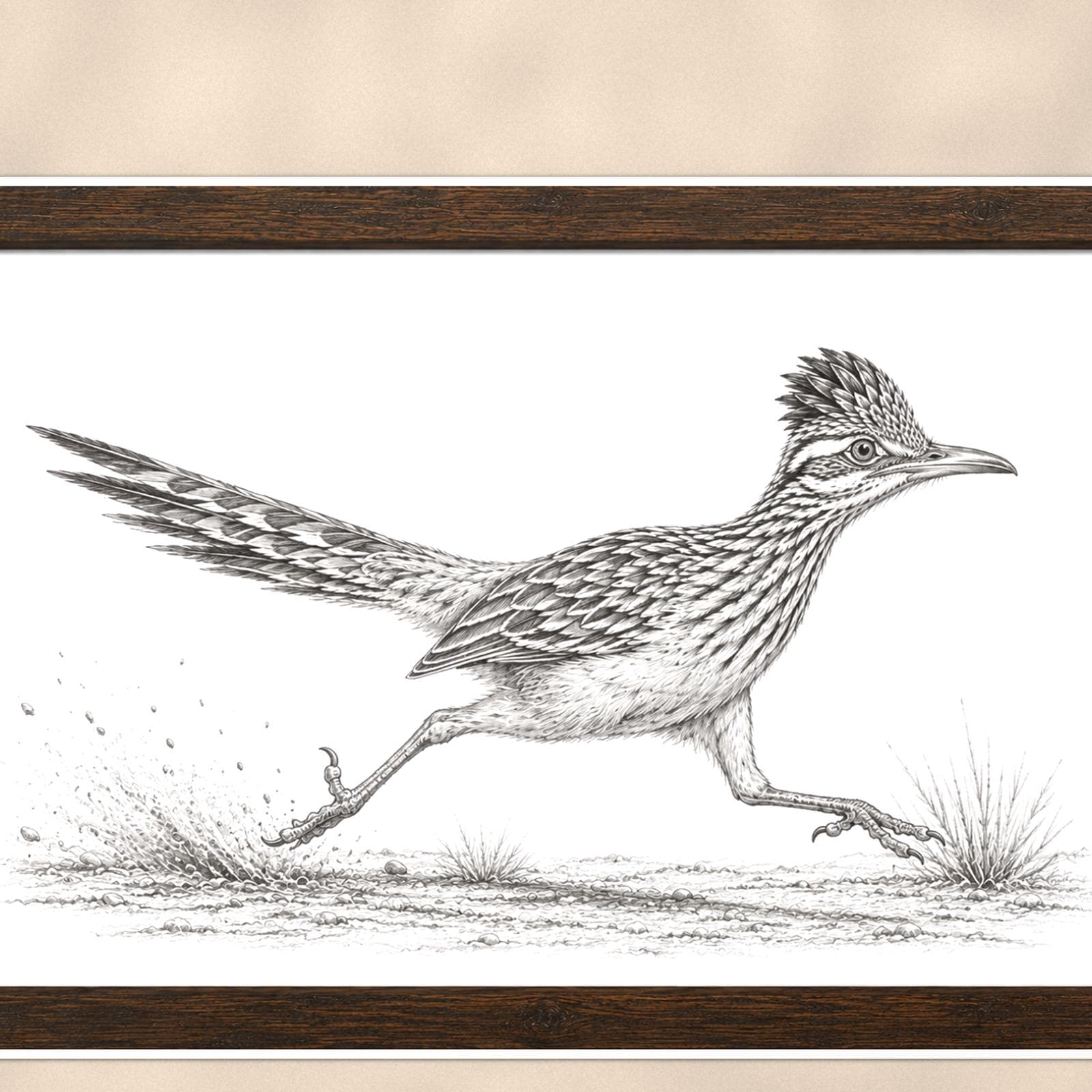 Vintage Running Roadrunner — 36x24 in art print poster, premium luster paper with a white border; close-up framed on the main subject of the artwork, paper surface visible.