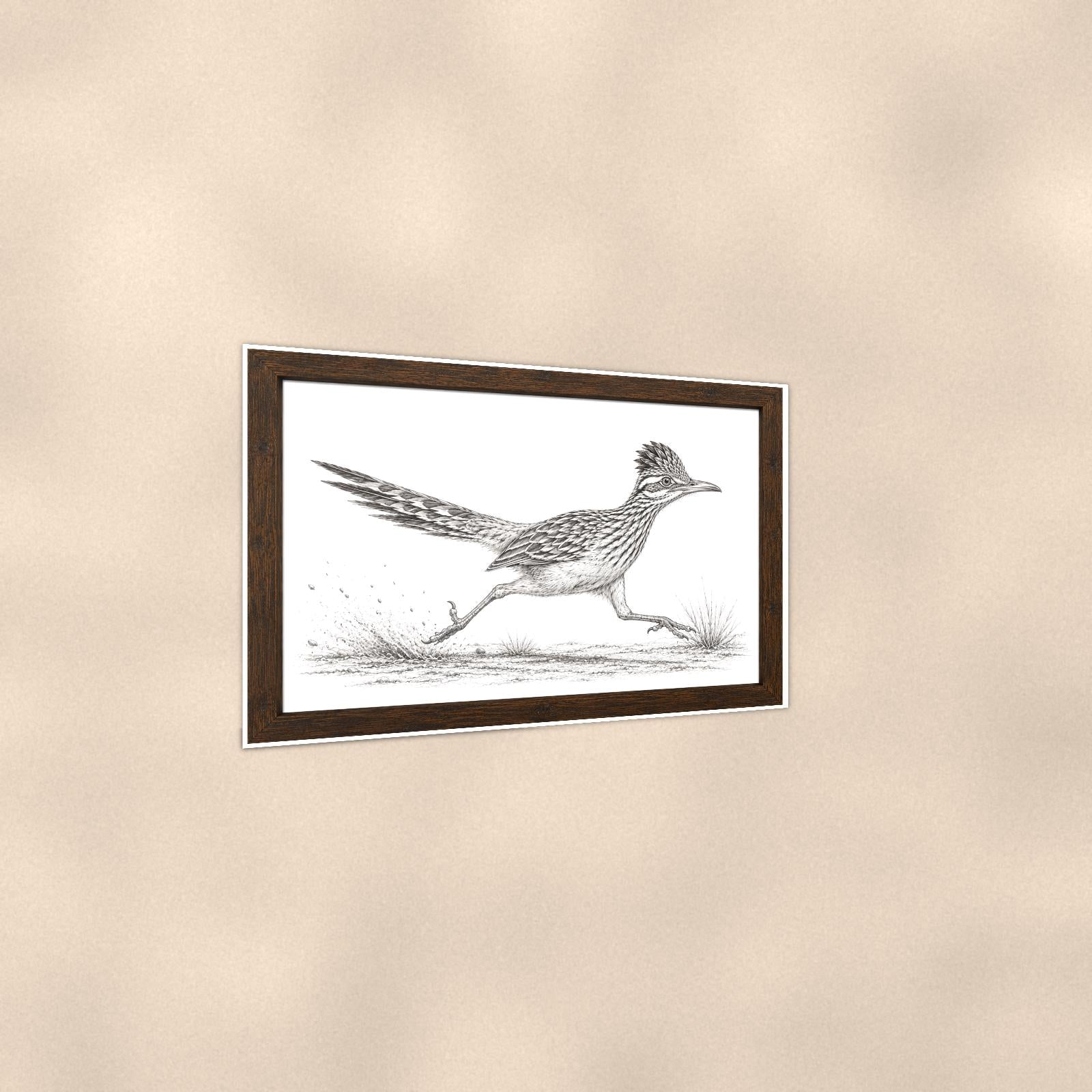 Vintage Running Roadrunner — 36x24 in art print poster, premium luster paper with a white border; gentle three-quarter angle on a warm wall, showing the flat paper edge.