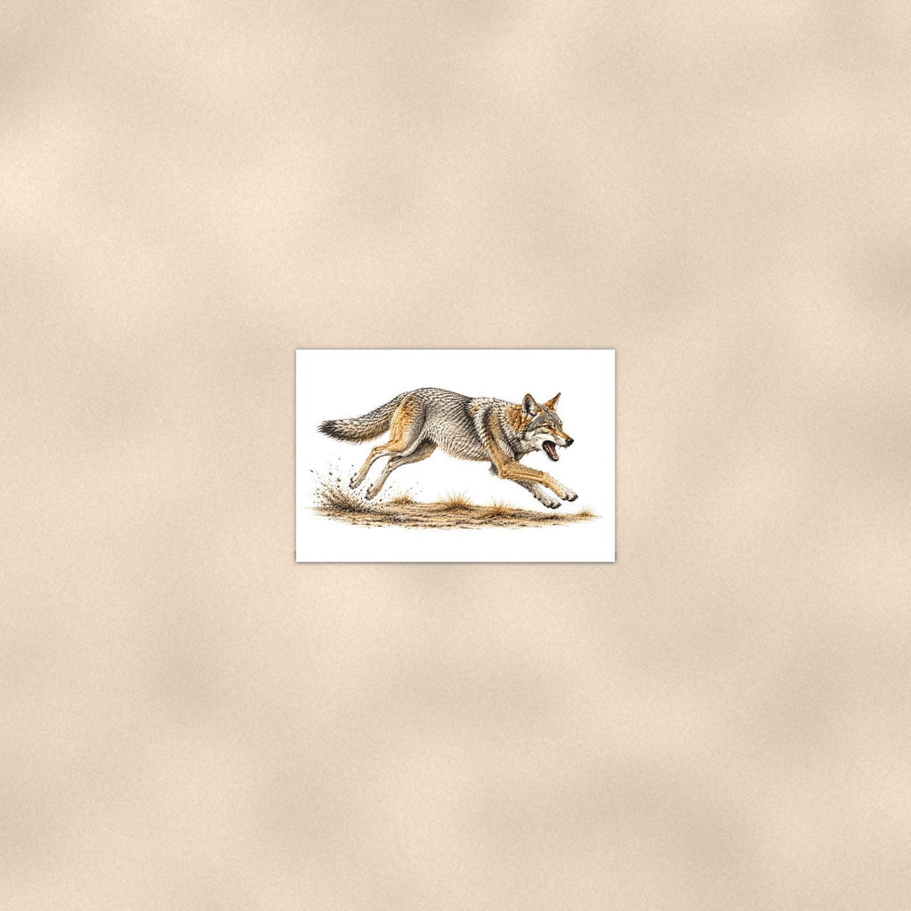 Rustic Running Coyote — 36x24 in art print poster, premium luster paper with a white border; poster seen from further back, at true 24x36 in scale on a warm wall.