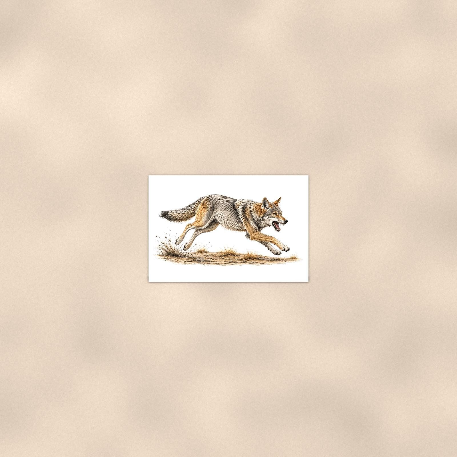 Rustic Running Coyote — 36x24 in art print poster, premium luster paper with a white border; poster seen from further back, at true 24x36 in scale on a warm wall.