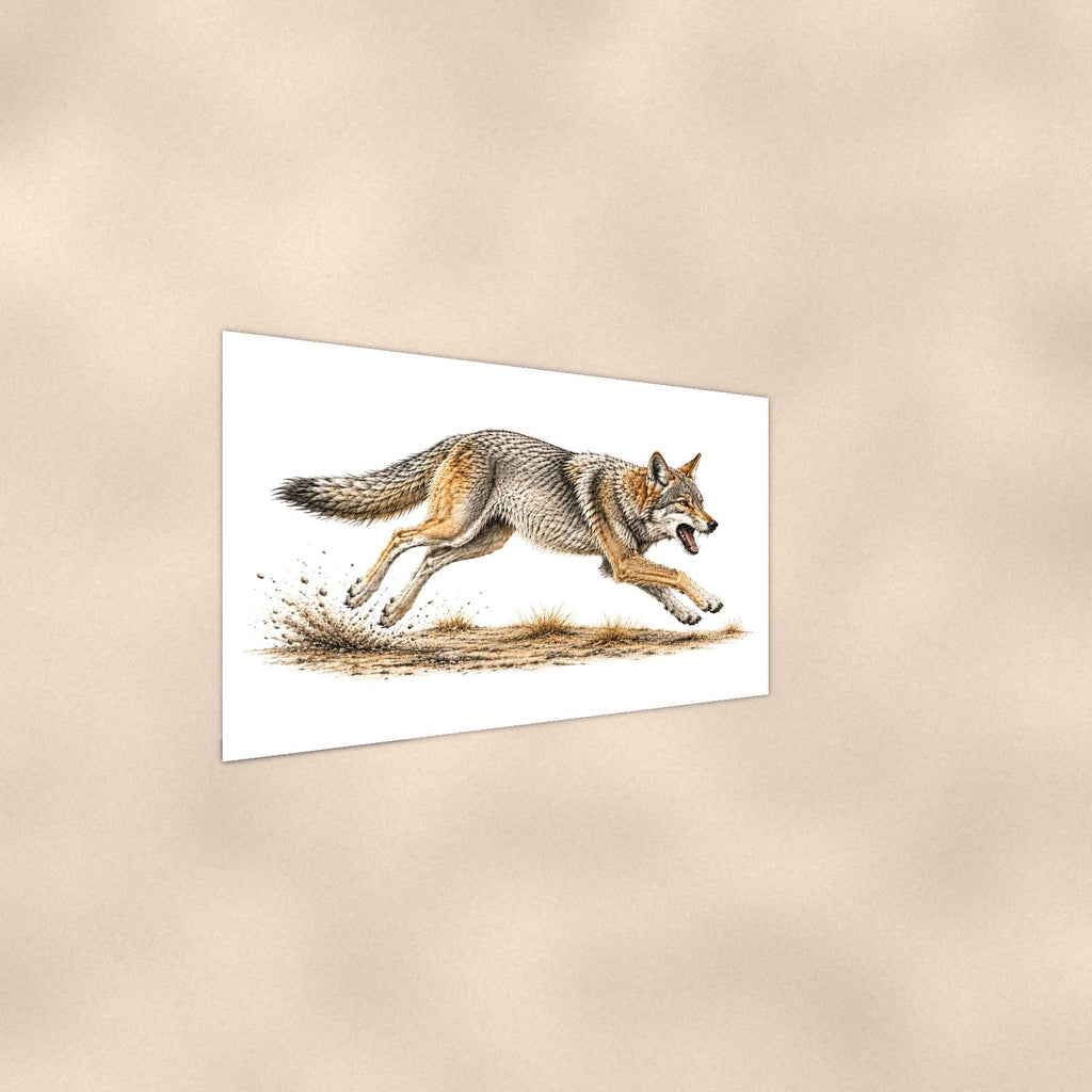 Rustic Running Coyote — 36x24 in art print poster, premium luster paper with a white border; steeper three-quarter angle on a warm wall, catching the luster sheen.