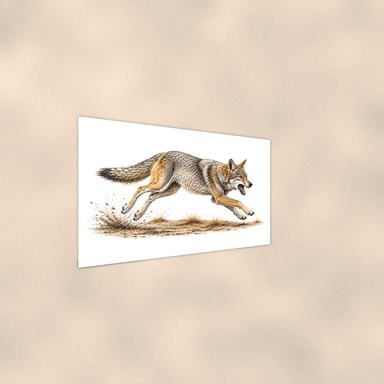 Rustic Running Coyote — 36x24 in art print poster, premium luster paper with a white border; steeper three-quarter angle on a warm wall, catching the luster sheen.