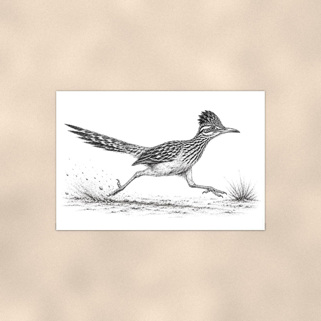 Rustic Running Roadrunner — 36x24 in art print poster, premium luster paper with a white border; poster shown straight on against a warm wall.