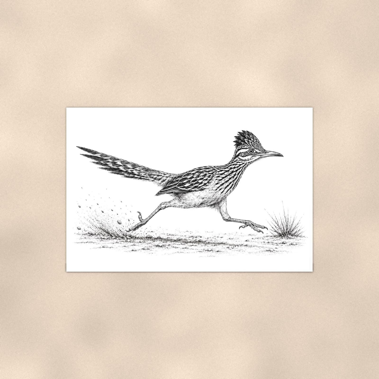Rustic Running Roadrunner — 36x24 in art print poster, premium luster paper with a white border; poster shown straight on against a warm wall.