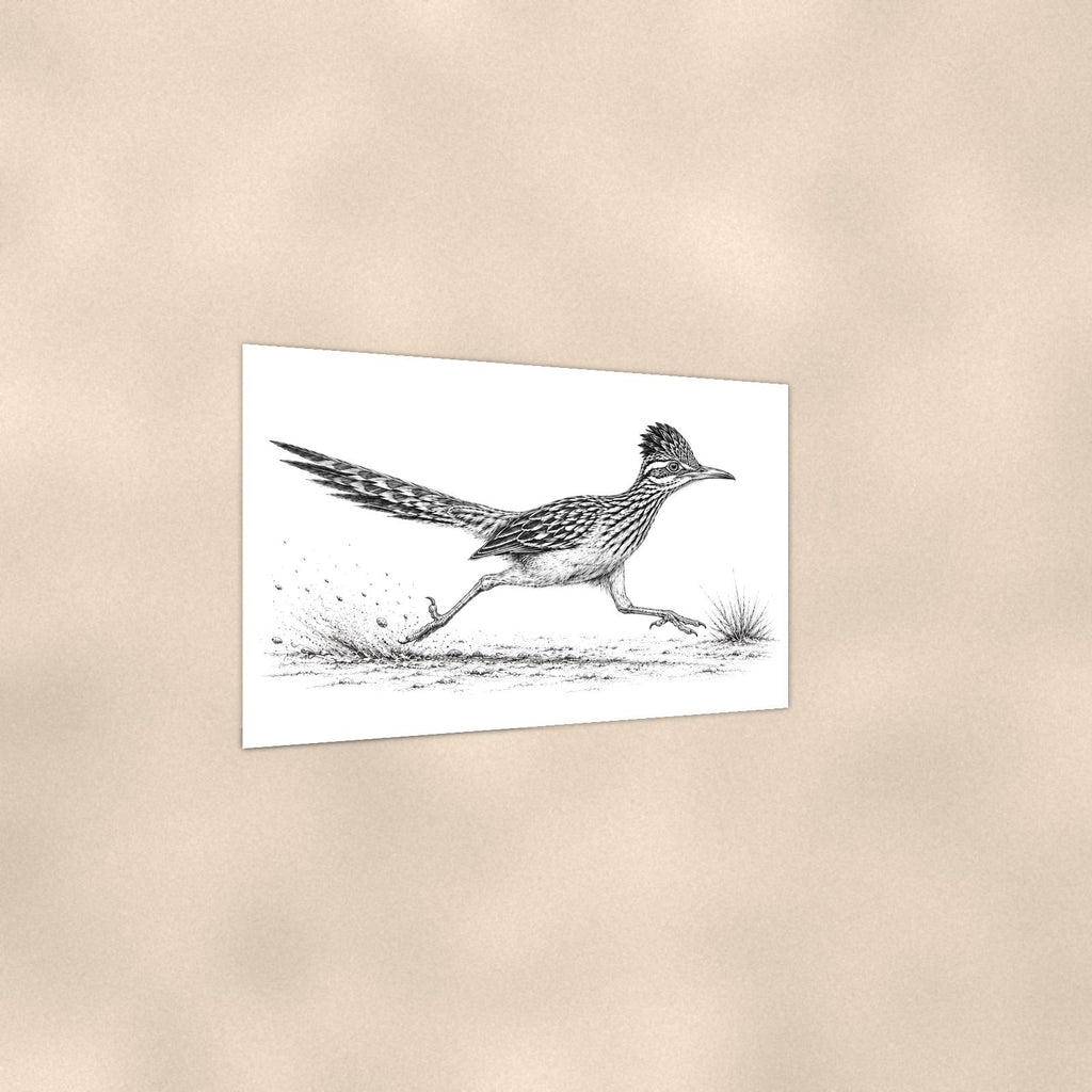 Rustic Running Roadrunner — 36x24 in art print poster, premium luster paper with a white border; gentle three-quarter angle on a warm wall, showing the flat paper edge.