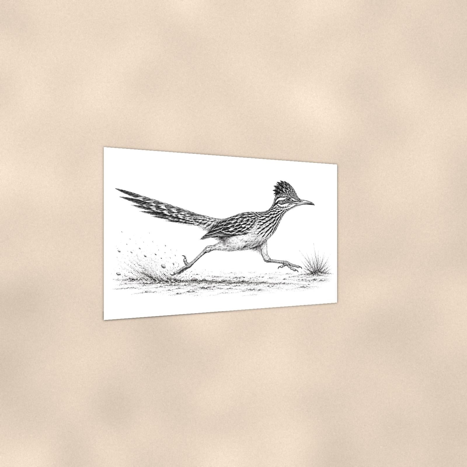 Rustic Running Roadrunner — 36x24 in art print poster, premium luster paper with a white border; gentle three-quarter angle on a warm wall, showing the flat paper edge.