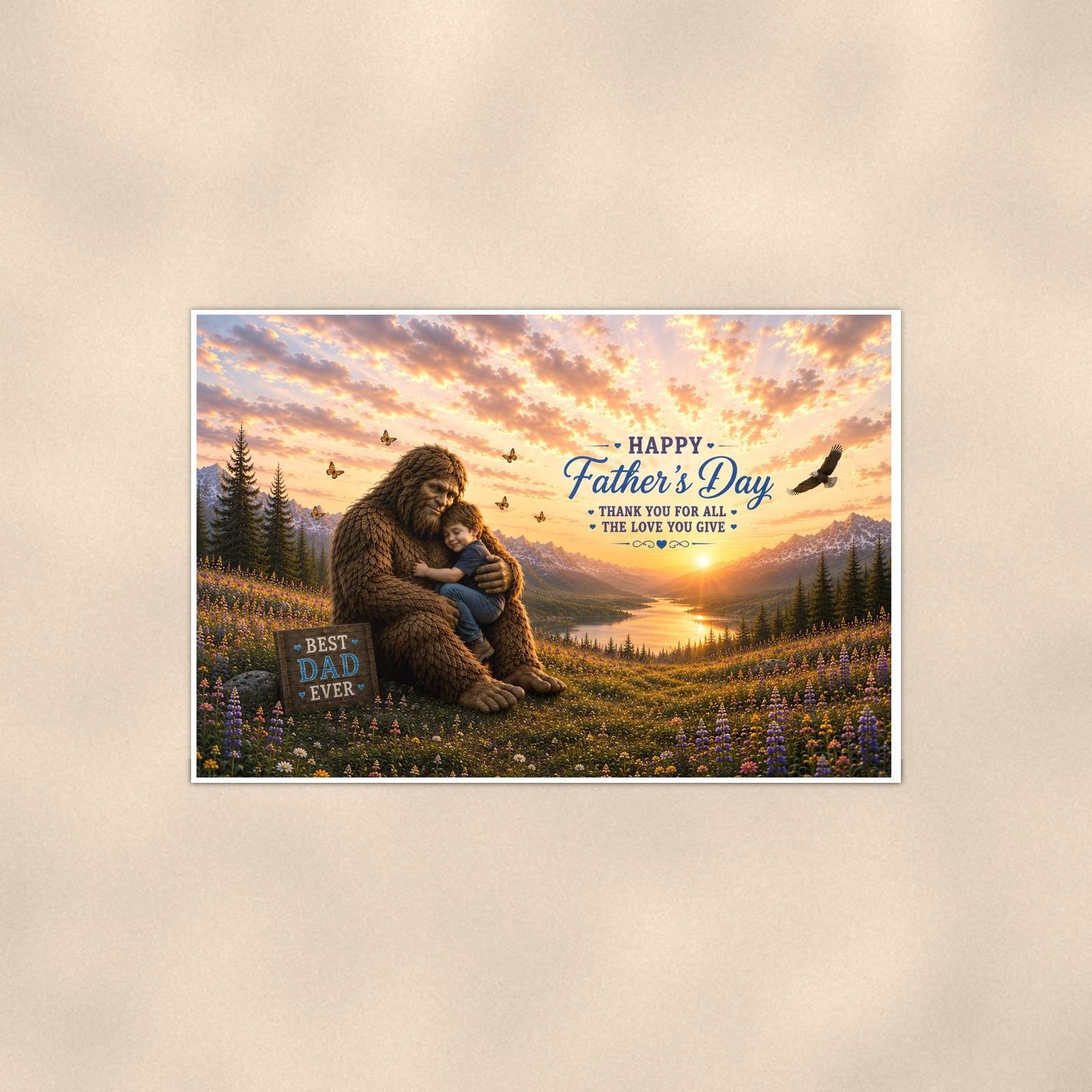 Father’s Day Bigfoot — 36x24 in art print poster, premium luster paper with a white border; poster shown straight on against a warm wall.