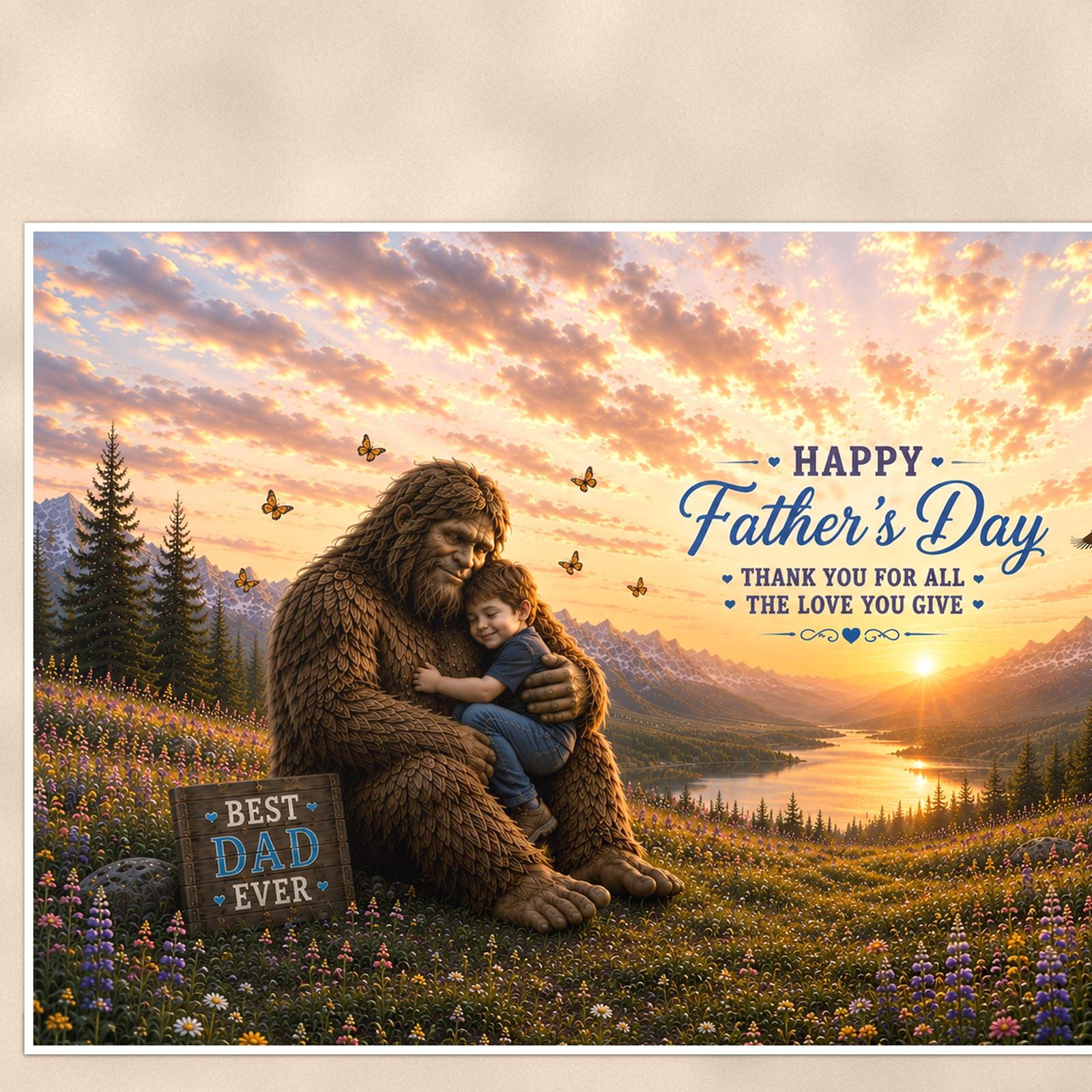 Father’s Day Bigfoot — 36x24 in art print poster, premium luster paper with a white border; close-up framed on the main subject of the artwork, paper surface visible.