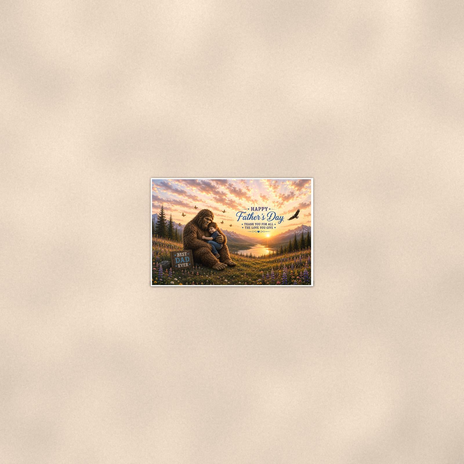 Father’s Day Bigfoot — 36x24 in art print poster, premium luster paper with a white border; poster seen from further back, at true 24x36 in scale on a warm wall.