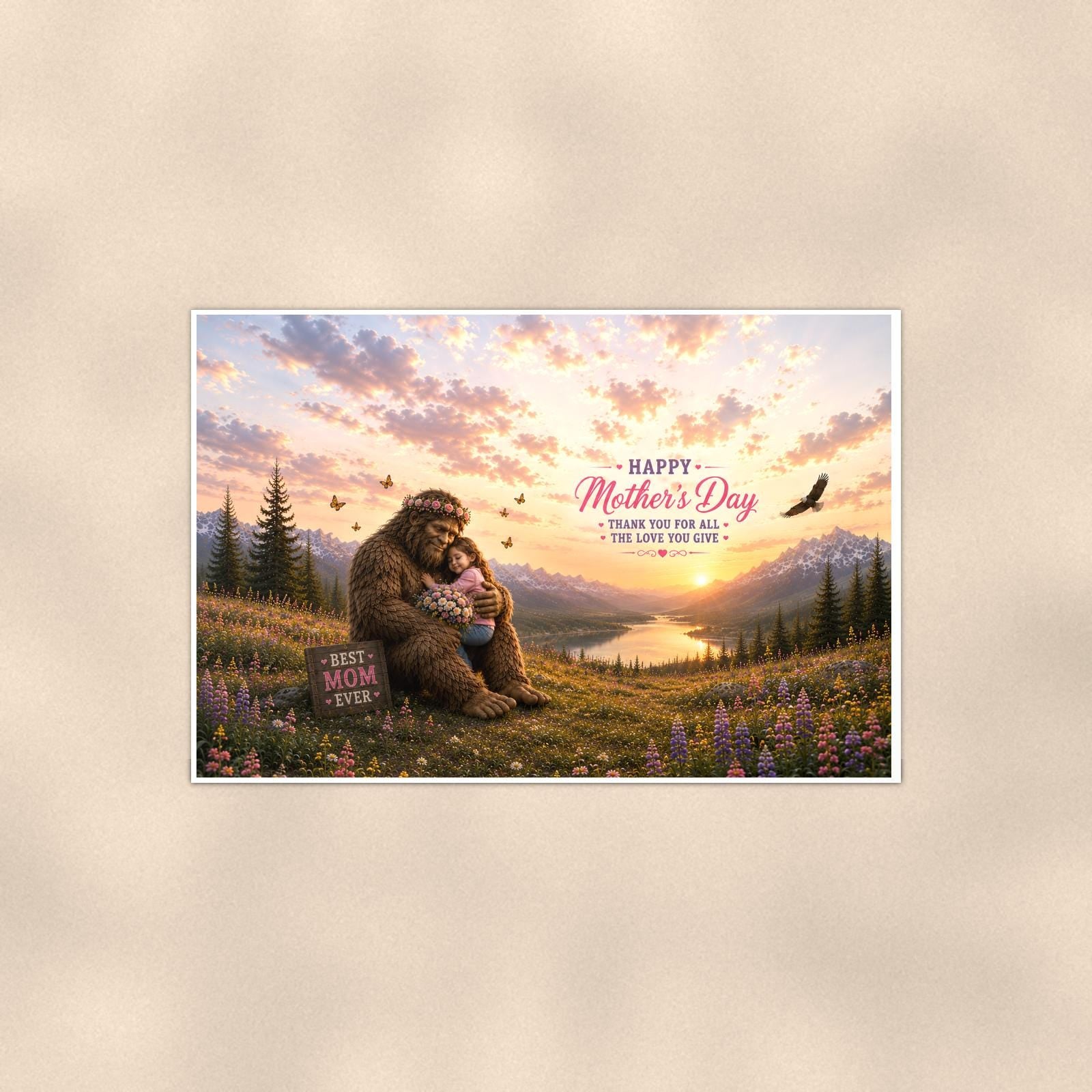 Mother’s Day Bigfoot — 36x24 in art print poster, premium luster paper with a white border; poster shown straight on against a warm wall.