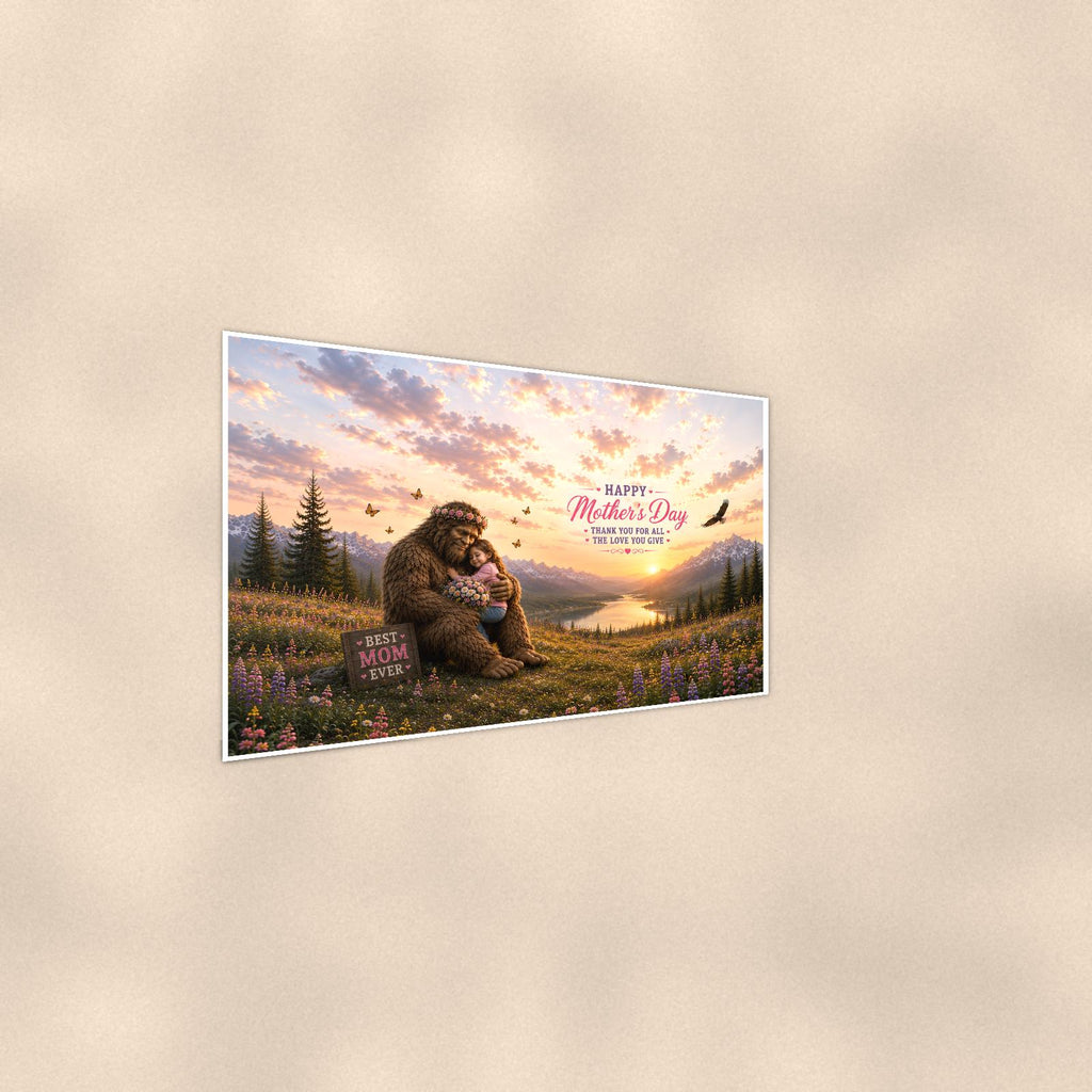 Mother’s Day Bigfoot — 36x24 in art print poster, premium luster paper with a white border; steeper three-quarter angle on a warm wall, catching the luster sheen.