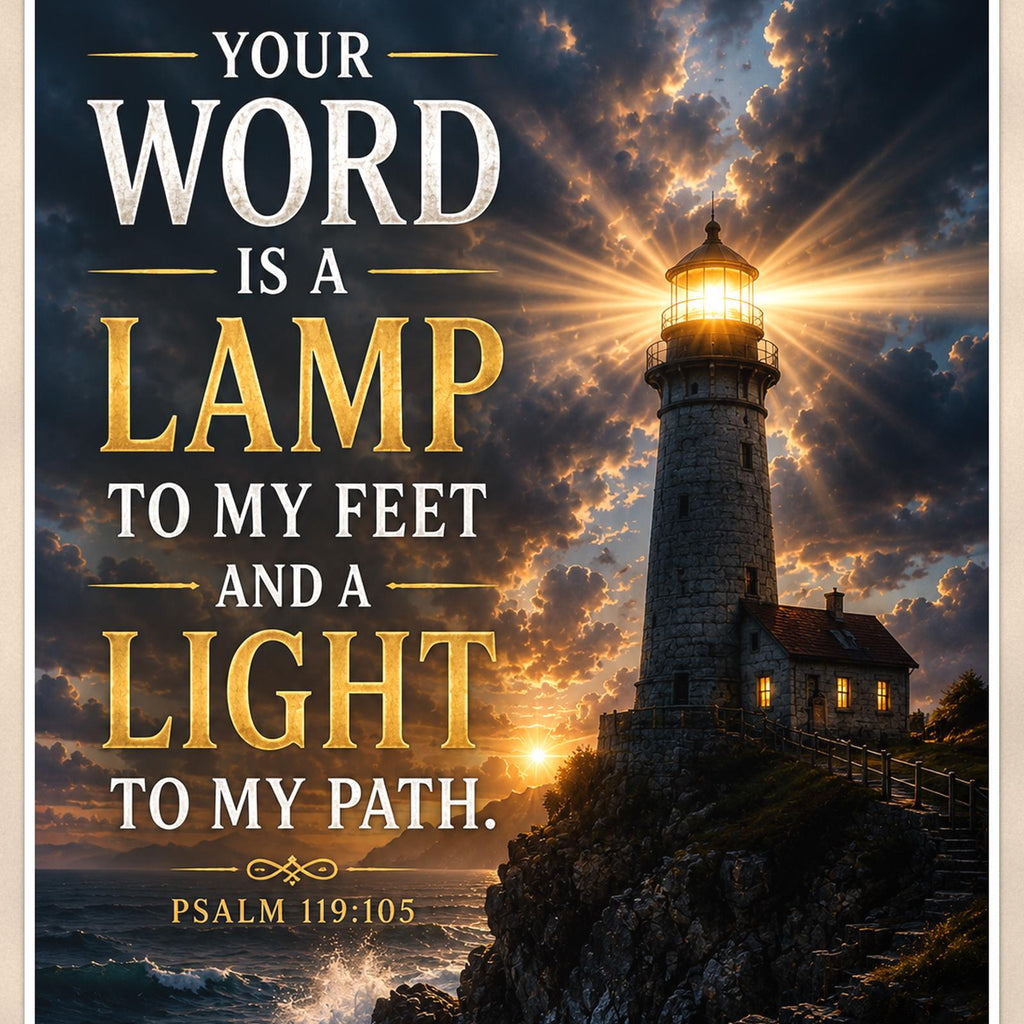 Lamp To My Feet — 24x36 in art print poster, premium luster paper with a white border; close-up framed on the main subject of the artwork, paper surface visible.