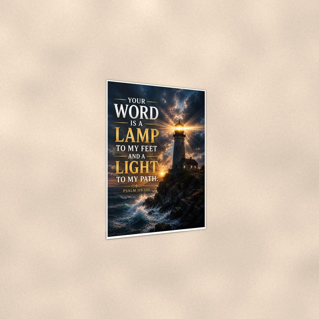 Lamp To My Feet — 24x36 in art print poster, premium luster paper with a white border; gentle three-quarter angle on a warm wall, showing the flat paper edge.
