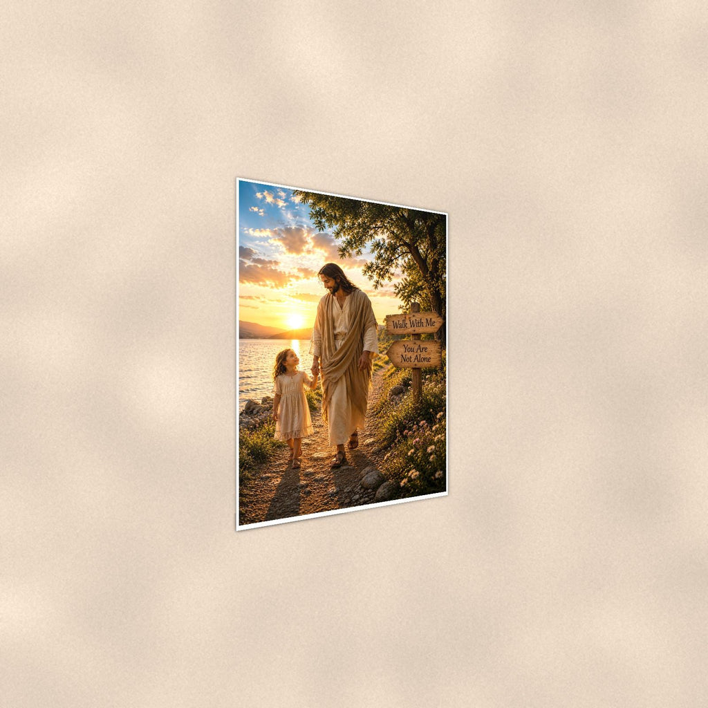 Walk with me — 24x36 in art print poster, premium luster paper with a white border; steeper three-quarter angle on a warm wall, catching the luster sheen.