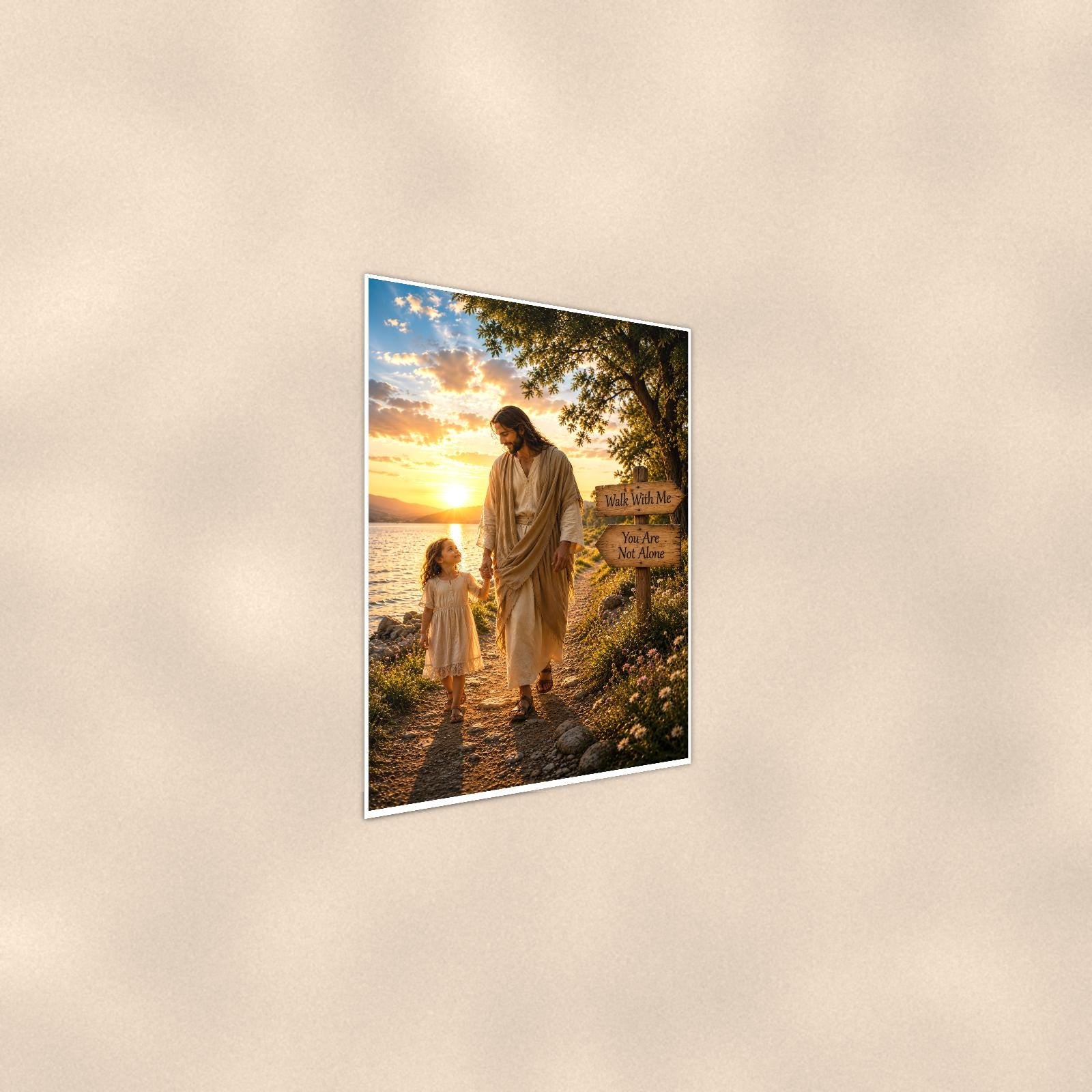 Walk with me — 24x36 in art print poster, premium luster paper with a white border; steeper three-quarter angle on a warm wall, catching the luster sheen.
