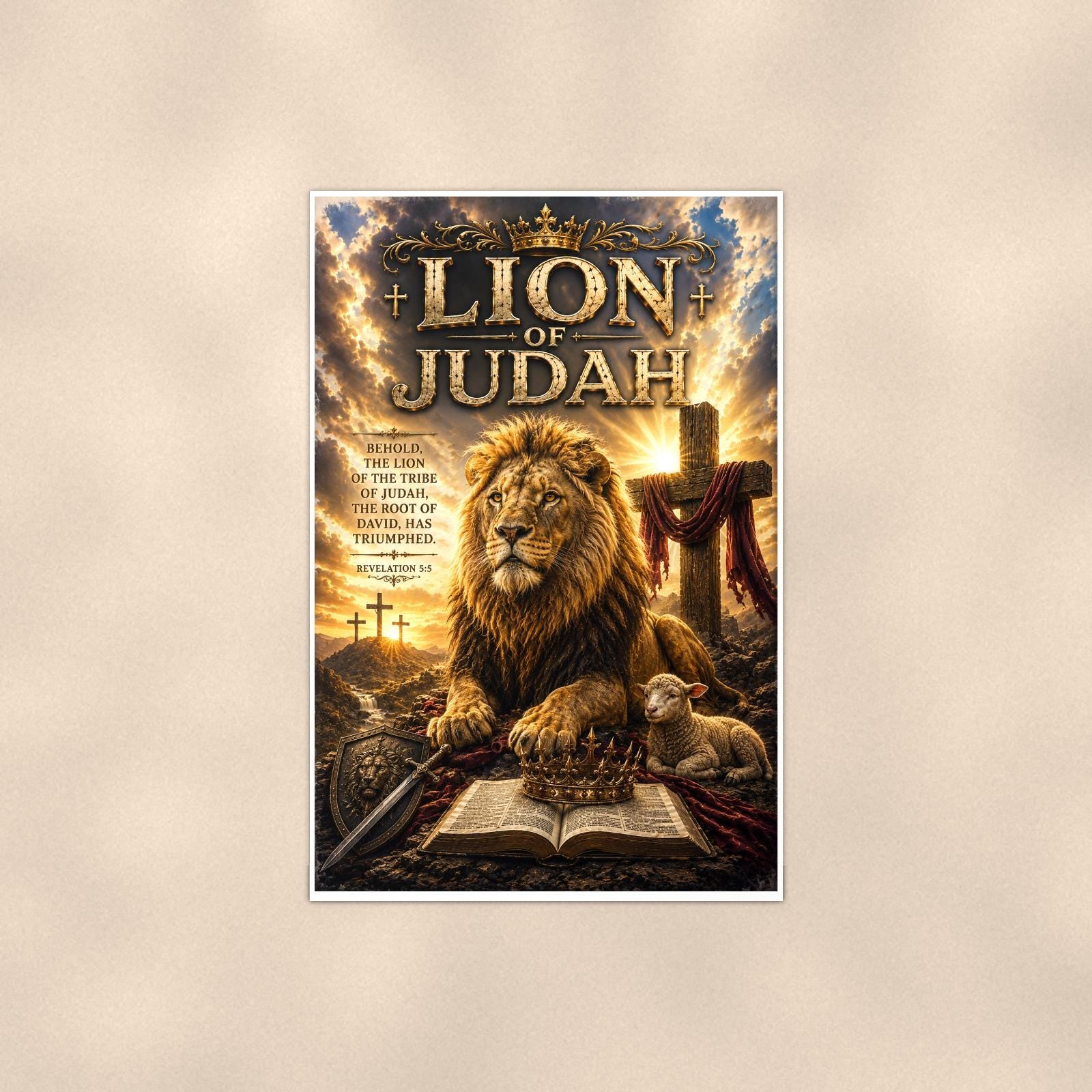 Lion of Judah — 24x36 in art print poster, premium luster paper with a white border; poster shown straight on against a warm wall.