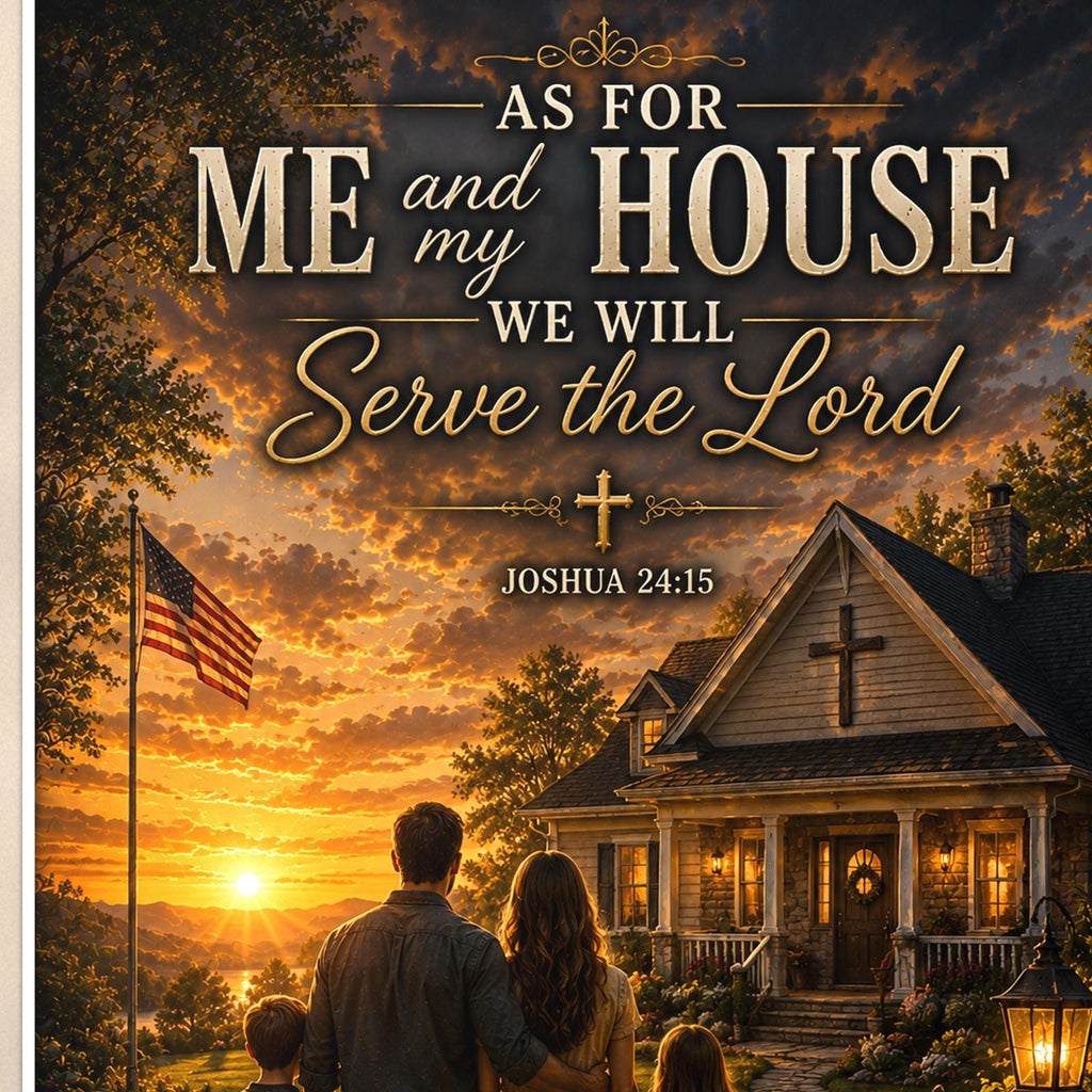 As for me and my House — 24x36 in art print poster, premium luster paper with a white border; close-up framed on the main subject of the artwork, paper surface visible.