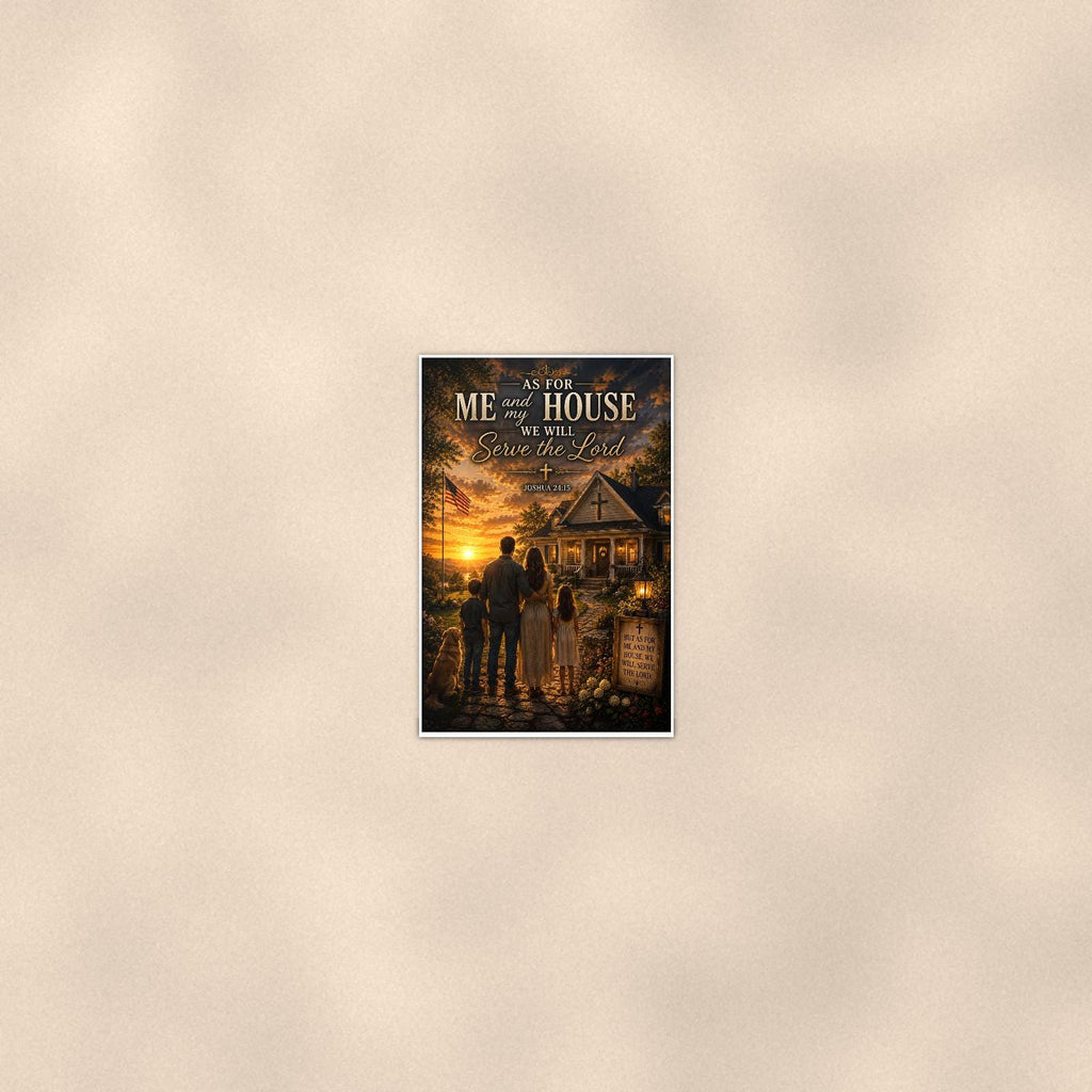 As for me and my House — 24x36 in art print poster, premium luster paper with a white border; poster seen from further back, at true 24x36 in scale on a warm wall.
