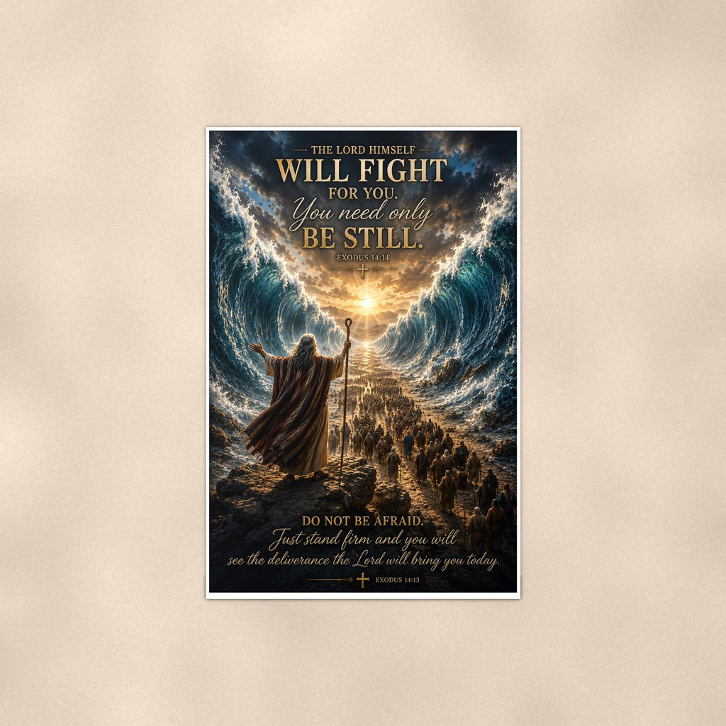 Be Still Parted Sea — 24x36 in art print poster, premium luster paper with a white border; poster shown straight on against a warm wall.