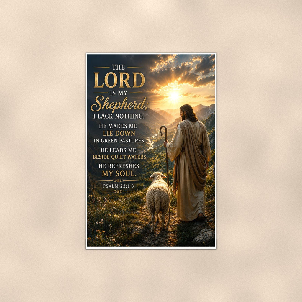 The Lord Is My Shepherd — 24x36 in art print poster, premium luster paper with a white border; poster shown straight on against a warm wall.