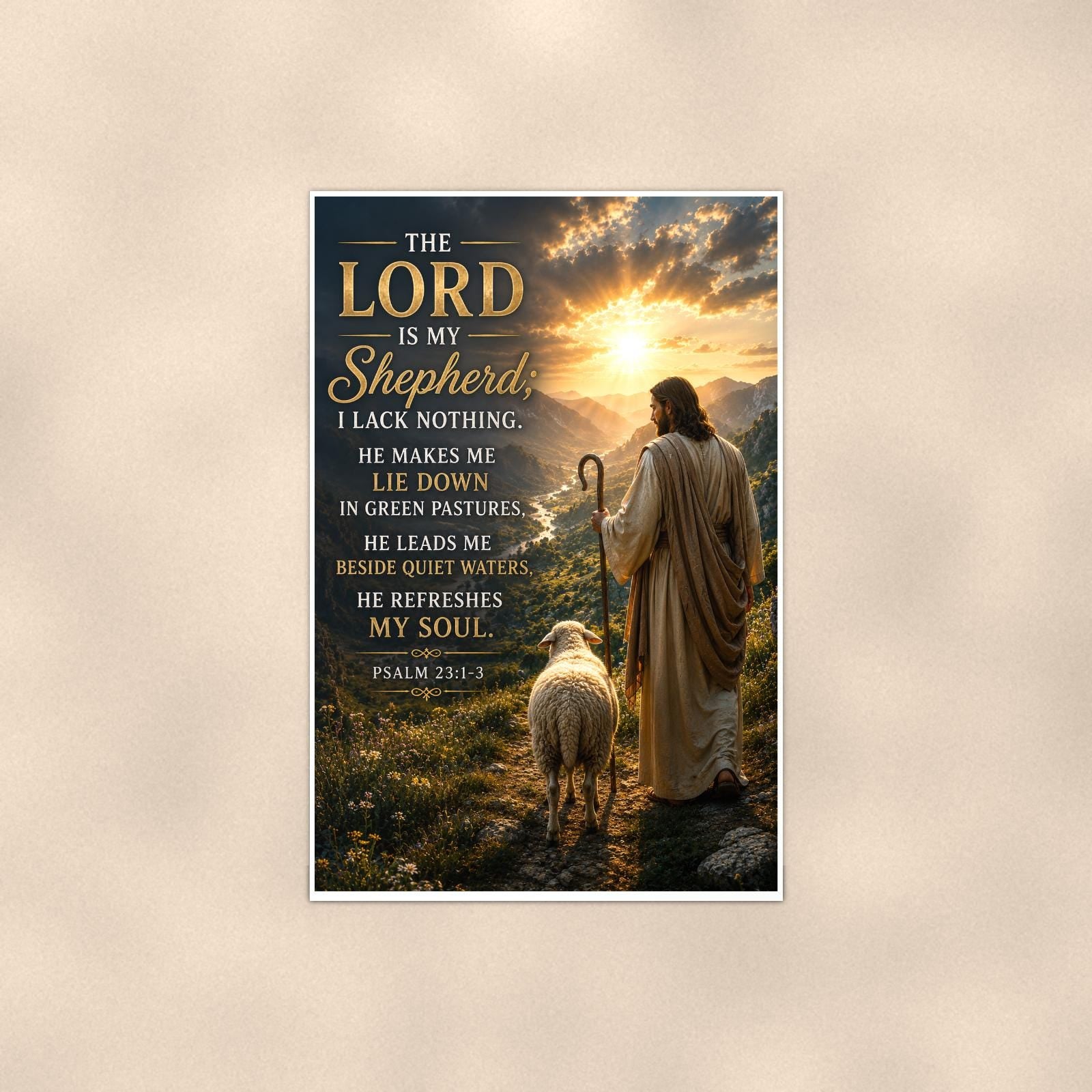 The Lord Is My Shepherd — 24x36 in art print poster, premium luster paper with a white border; poster shown straight on against a warm wall.