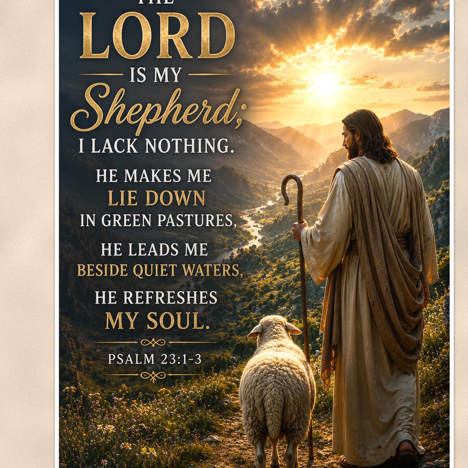 The Lord Is My Shepherd — 24x36 in art print poster, premium luster paper with a white border; close-up framed on the main subject of the artwork, paper surface visible.