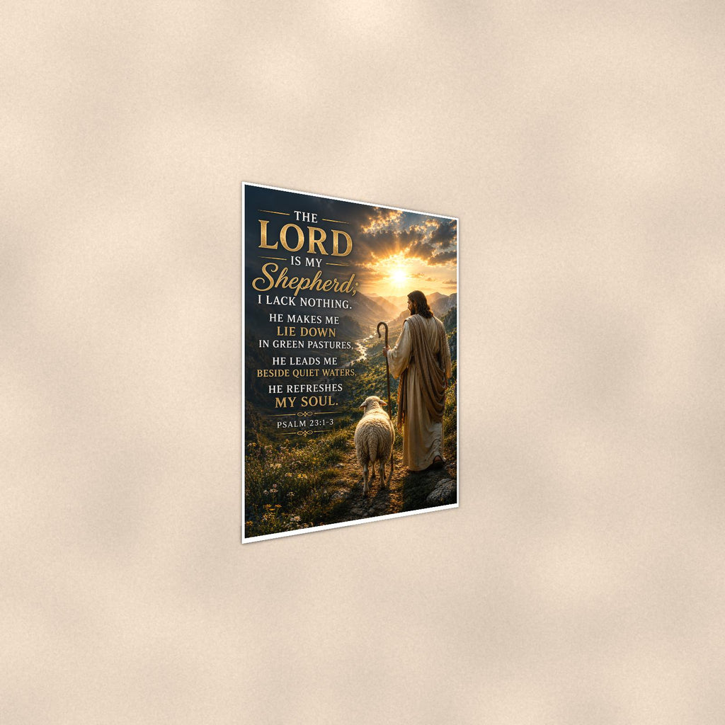 The Lord Is My Shepherd — 24x36 in art print poster, premium luster paper with a white border; steeper three-quarter angle on a warm wall, catching the luster sheen.