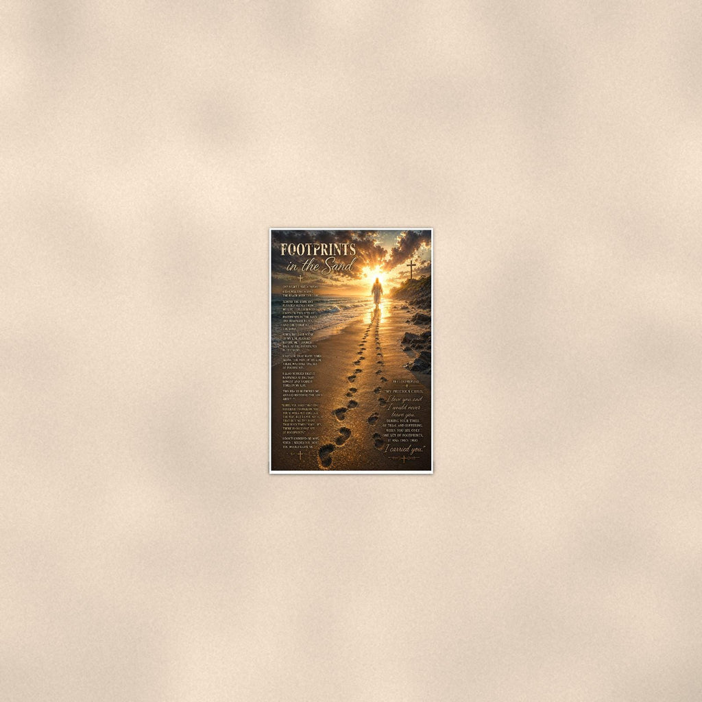 Footprints in the Sand — 24x36 in art print poster, premium luster paper with a white border; poster seen from further back, at true 24x36 in scale on a warm wall.