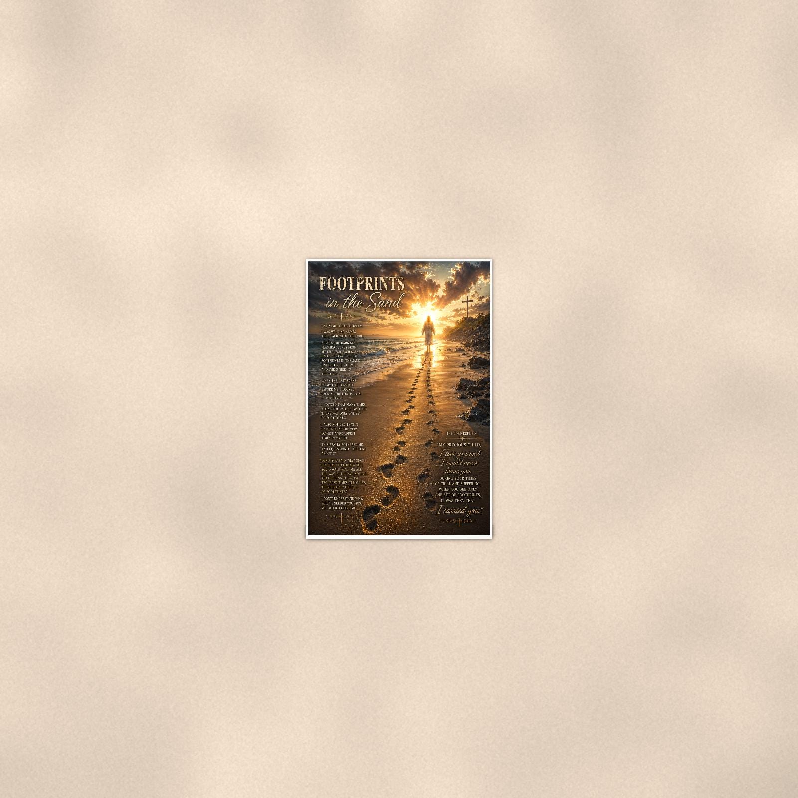 Footprints in the Sand — 24x36 in art print poster, premium luster paper with a white border; poster seen from further back, at true 24x36 in scale on a warm wall.